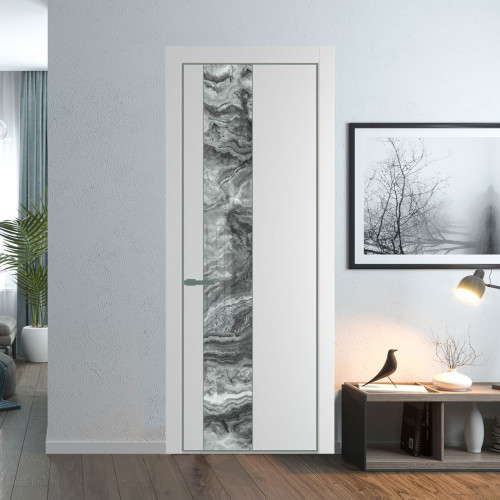 Межкомнатная дверь ProfilDoors 19 PE с вставкой из стекла атриум серебро Крем Вайт с алюминиевой кромкой Зеленый воск