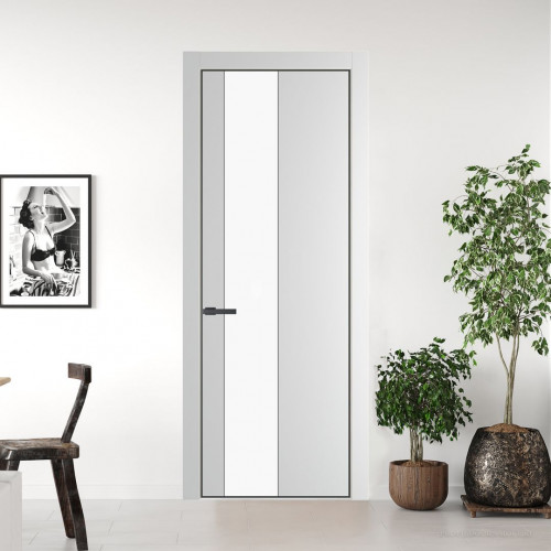 Межкомнатная дверь ProfilDoors 19 PE с вставкой из стекла монохром белый просветленный Крем Вайт с алюминиевой кромкой Серая Ночь
