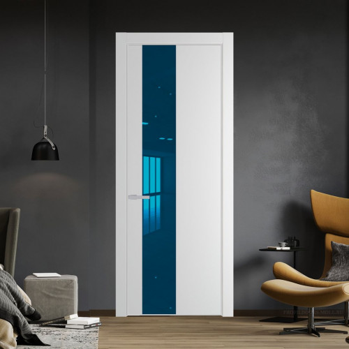 Межкомнатная дверь ProfilDoors 19 PE с вставкой из стекла зеркало blue Крем Вайт с алюминиевой кромкой Матовая
