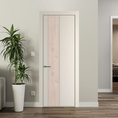Межкомнатная дверь ProfilDoors 19 PE с вставкой Каштан светлый Кремовая Магнолия с алюминиевой кромкой Зеленый воск