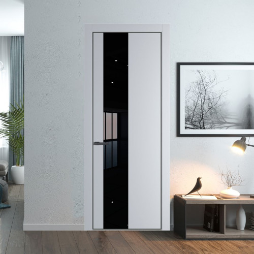 Межкомнатная дверь ProfilDoors 19 PE с вставкой из стекла черный лак Лайт Грей с алюминиевой кромкой Серая Ночь