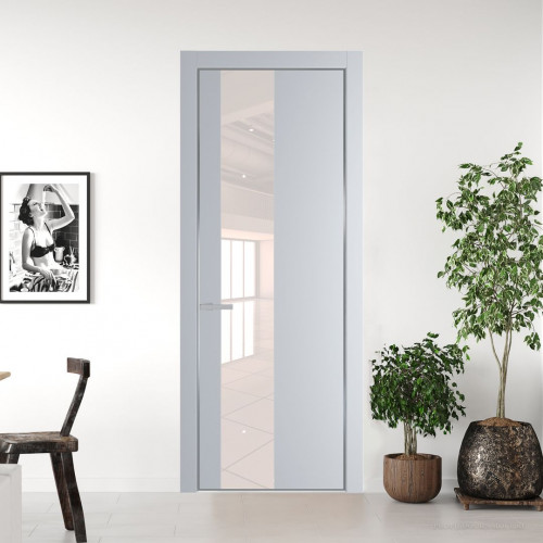 Межкомнатная дверь ProfilDoors 19 PE с вставкой из стекла перламутровый лак Лайт Грей с алюминиевой кромкой Серебро