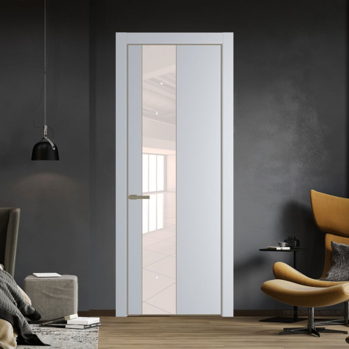 Межкомнатная дверь ProfilDoors 19 PE с вставкой из стекла перламутровый лак Лайт Грей с алюминиевой кромкой Шампань