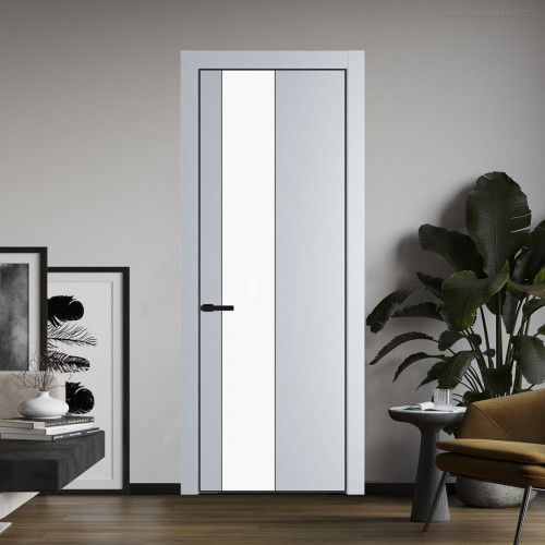 Межкомнатная дверь ProfilDoors 19 PE с вставкой из стекла монохром белый просветленный Лайт Грей с алюминиевой кромкой Черный