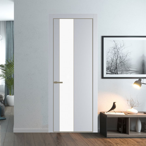 Межкомнатная дверь ProfilDoors 19 PE с вставкой из стекла монохром белый просветленный Лайт Грей с алюминиевой кромкой Шампань