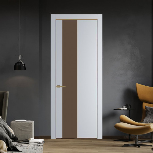 Межкомнатная дверь ProfilDoors 19 PE с вставкой из стекла монохром гляссе Лайт Грей с алюминиевой кромкой Золото