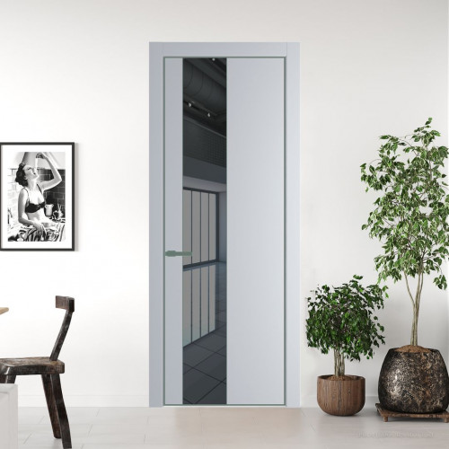 Межкомнатная дверь ProfilDoors 19 PE с вставкой из стекла зеркало grey Лайт Грей с алюминиевой кромкой Зеленый воск