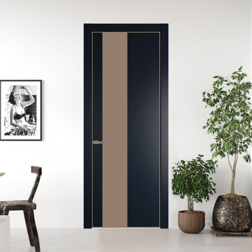 Межкомнатная дверь ProfilDoors 19 PE с вставкой из стекла монохром капучино Нэви Блу с алюминиевой кромкой Шампань