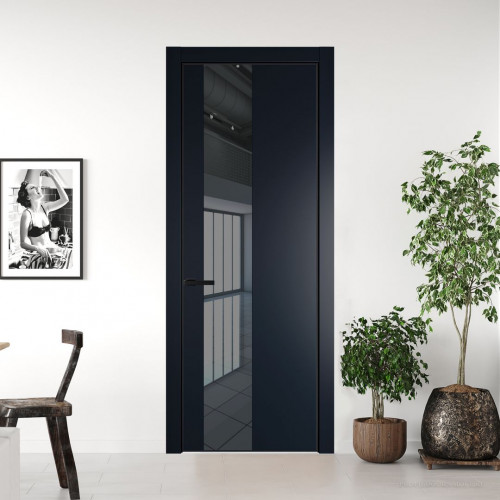 Межкомнатная дверь ProfilDoors 19 PE с вставкой из стекла зеркало grey Нэви Блу с алюминиевой кромкой Черный