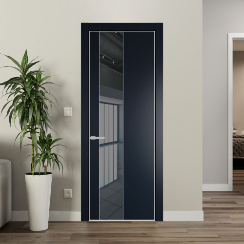Межкомнатная дверь ProfilDoors 19 PE с вставкой из стекла зеркало grey Нэви Блу с алюминиевой кромкой Матовая