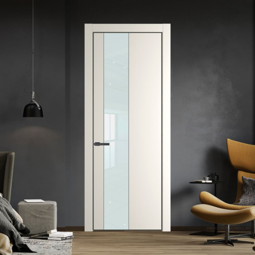 Межкомнатная дверь ProfilDoors 19 PE с вставкой из стекла белый лак Перламутр белый с алюминиевой кромкой Серая Ночь