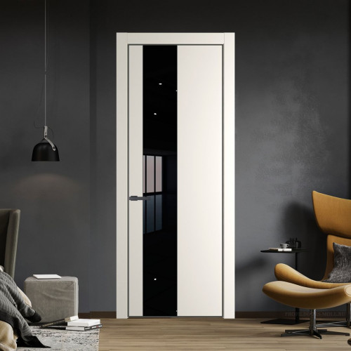 Межкомнатная дверь ProfilDoors 19 PE с вставкой из стекла черный лак Перламутр белый с алюминиевой кромкой Серая Ночь