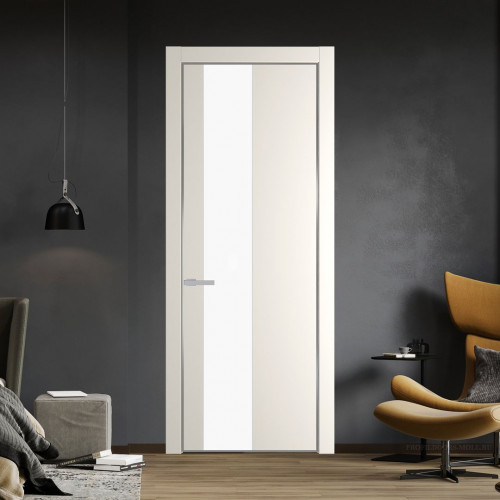 Межкомнатная дверь ProfilDoors 19 PE с вставкой из стекла монохром белый просветленный Перламутр белый с алюминиевой кромкой Серебро