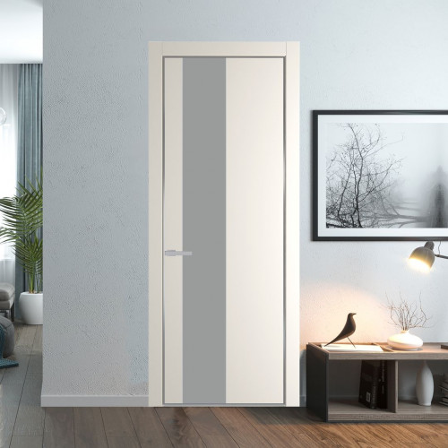 Межкомнатная дверь ProfilDoors 19 PE с вставкой из стекла монохром серый Перламутр белый с алюминиевой кромкой Серебро