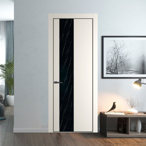Межкомнатная дверь ProfilDoors 19 PE с вставкой из стекла неро мрамор Перламутр белый с алюминиевой кромкой Серая Ночь