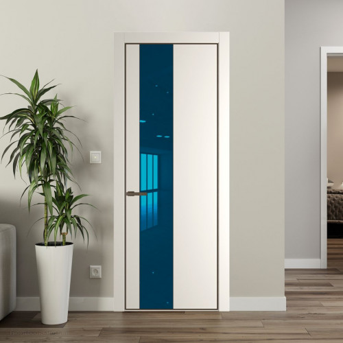 Межкомнатная дверь ProfilDoors 19 PE с вставкой из стекла зеркало blue Перламутр белый с алюминиевой кромкой Деорэ