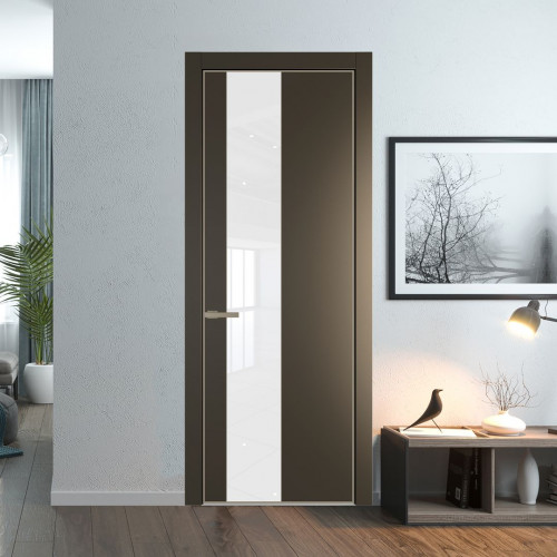 Межкомнатная дверь ProfilDoors 19 PE с вставкой из стекла лак классик Перламутр бронза с алюминиевой кромкой Никель
