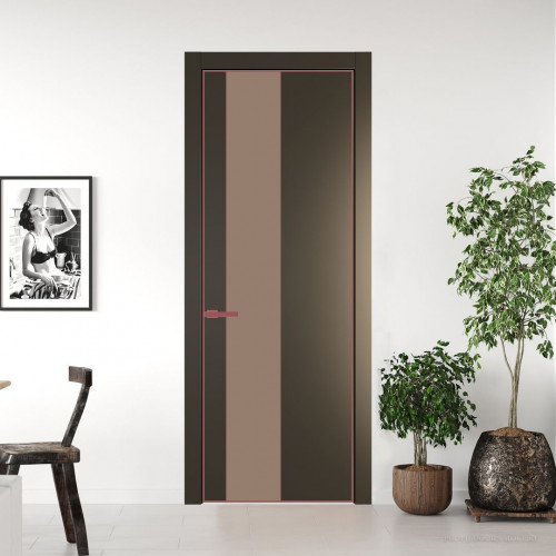 Межкомнатная дверь ProfilDoors 19 PE с вставкой из стекла монохром капучино Перламутр бронза с алюминиевой кромкой Красный антрацит