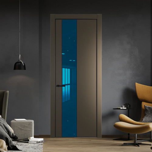 Межкомнатная дверь ProfilDoors 19 PE с вставкой из стекла зеркало blue Перламутр бронза с алюминиевой кромкой Черный