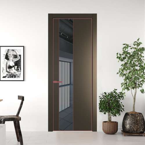 Межкомнатная дверь ProfilDoors 19 PE с вставкой из стекла зеркало grey Перламутр бронза с алюминиевой кромкой Красный антрацит