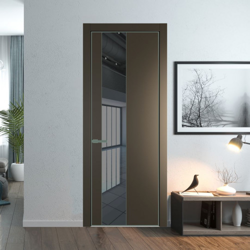 Межкомнатная дверь ProfilDoors 19 PE с вставкой из стекла зеркало grey Перламутр бронза с алюминиевой кромкой Зеленый воск