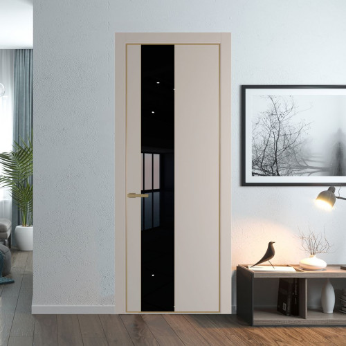 Межкомнатная дверь ProfilDoors 19 PE с вставкой из стекла черный лак Сэнд с алюминиевой кромкой Золото