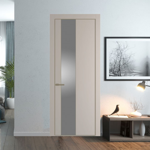 Межкомнатная дверь ProfilDoors 19 PE с вставкой из стекла серебро матлак Сэнд с алюминиевой кромкой Шампань