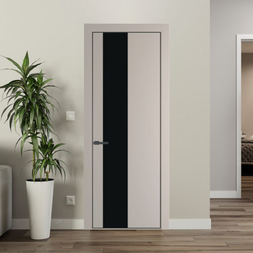 Межкомнатная дверь ProfilDoors 19 PE с вставкой из стекла монохром черный Сэнд с алюминиевой кромкой Серая Ночь