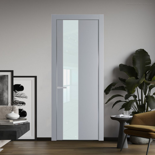 Межкомнатная дверь ProfilDoors 19 PE с вставкой из стекла белый лак Смоки с алюминиевой кромкой Серебро