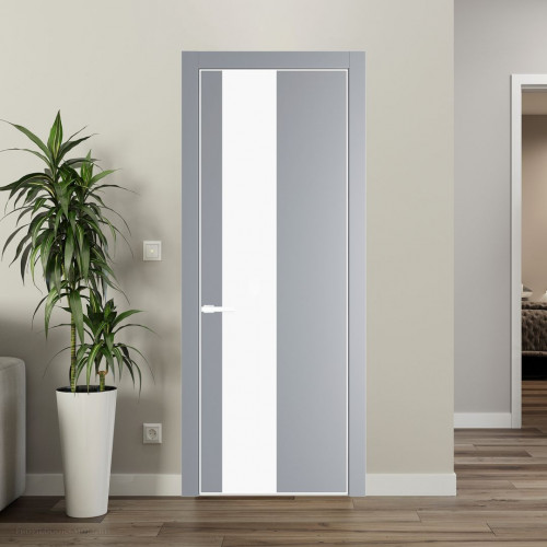 Межкомнатная дверь ProfilDoors 19 PE с вставкой из стекла монохром белый просветленный Смоки с алюминиевой кромкой Вайт