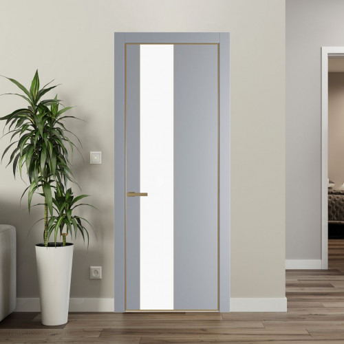 Межкомнатная дверь ProfilDoors 19 PE с вставкой из стекла монохром белый просветленный Смоки с алюминиевой кромкой Золото