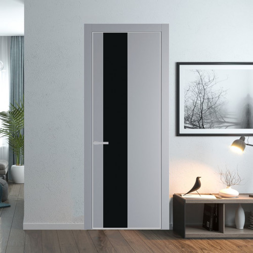 Межкомнатная дверь ProfilDoors 19 PE с вставкой из стекла монохром черный Смоки с алюминиевой кромкой Матовая