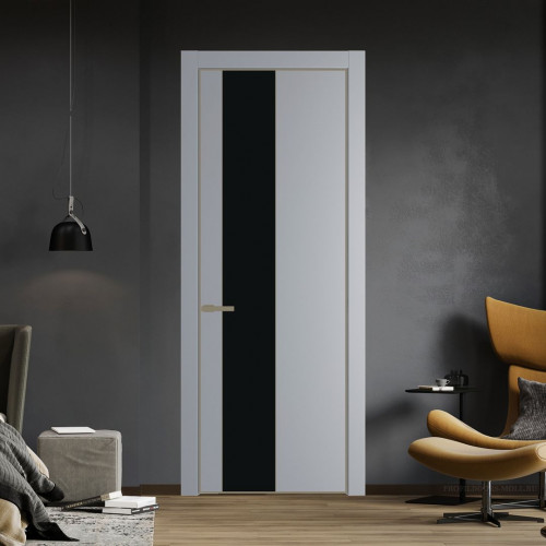 Межкомнатная дверь ProfilDoors 19 PE с вставкой из стекла монохром черный Смоки с алюминиевой кромкой Шампань