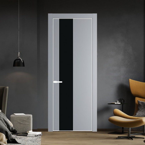 Межкомнатная дверь ProfilDoors 19 PE с вставкой из стекла монохром черный Смоки с алюминиевой кромкой Вайт