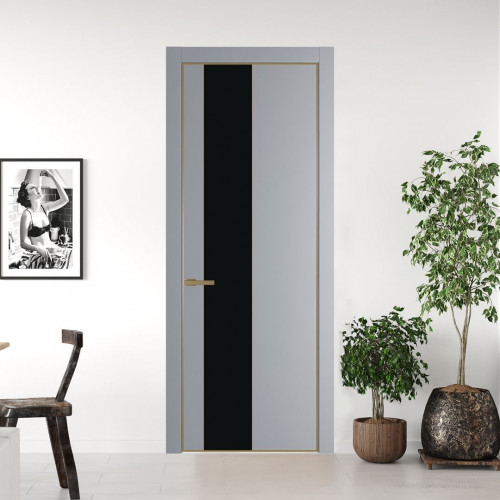 Межкомнатная дверь ProfilDoors 19 PE с вставкой из стекла монохром черный Смоки с алюминиевой кромкой Золото