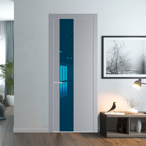 Межкомнатная дверь ProfilDoors 19 PE с вставкой из стекла зеркало blue Смоки с алюминиевой кромкой Матовая