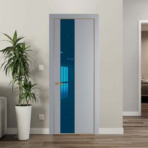 Межкомнатная дверь ProfilDoors 19 PE с вставкой из стекла зеркало blue Смоки с алюминиевой кромкой Золото