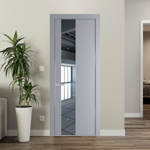 Межкомнатная дверь ProfilDoors 19 PE с вставкой из стекла зеркало Смоки с алюминиевой кромкой Серебро