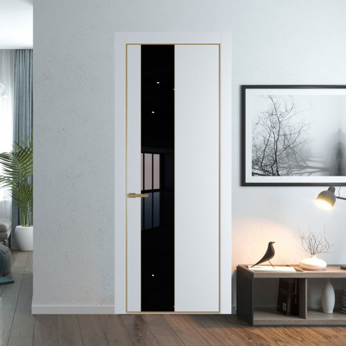 Межкомнатная дверь ProfilDoors 19 PE с вставкой из стекла черный лак Вайт с алюминиевой кромкой Золото