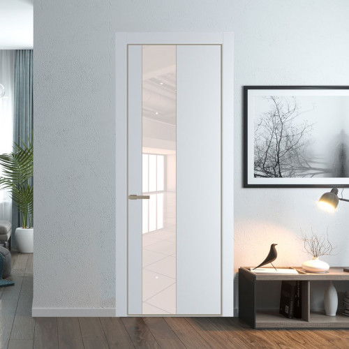Межкомнатная дверь ProfilDoors 19 PE с вставкой из стекла перламутровый лак Вайт с алюминиевой кромкой Никель