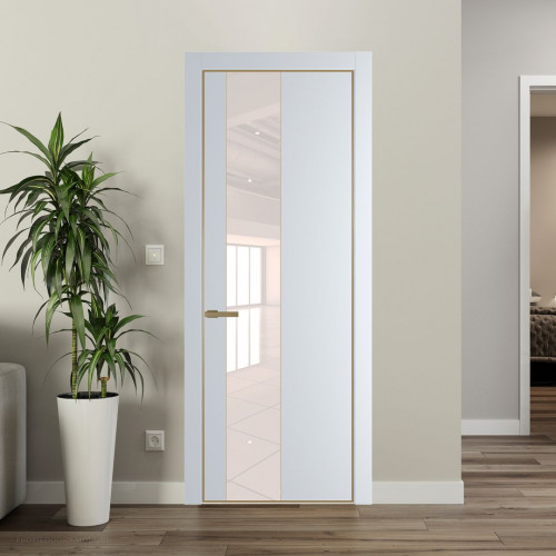 Межкомнатная дверь ProfilDoors 19 PE с вставкой из стекла перламутровый лак Вайт с алюминиевой кромкой Золото