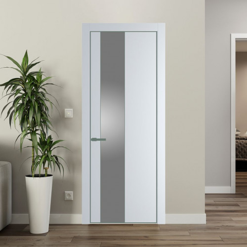 Межкомнатная дверь ProfilDoors 19 PE с вставкой из стекла серебро матлак Вайт с алюминиевой кромкой Зеленый воск