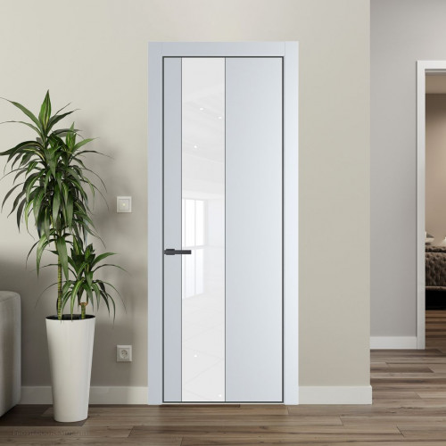 Межкомнатная дверь ProfilDoors 19 PE с вставкой из стекла лак классик Вайт с алюминиевой кромкой Серая Ночь