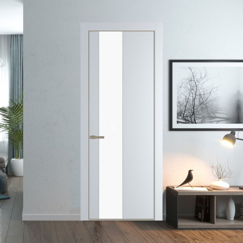 Межкомнатная дверь ProfilDoors 19 PE с вставкой из стекла монохром белый просветленный Вайт с алюминиевой кромкой Никель