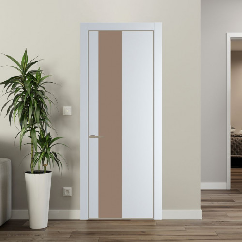 Межкомнатная дверь ProfilDoors 19 PE с вставкой из стекла монохром капучино Вайт с алюминиевой кромкой Никель