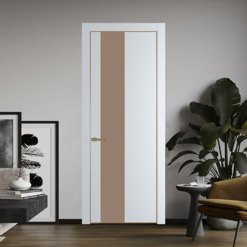 Межкомнатная дверь ProfilDoors 19 PE с вставкой из стекла монохром капучино Вайт с алюминиевой кромкой Золото