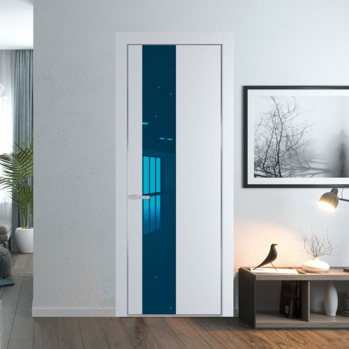 Межкомнатная дверь ProfilDoors 19 PE с вставкой из стекла зеркало blue Вайт с алюминиевой кромкой Серебро