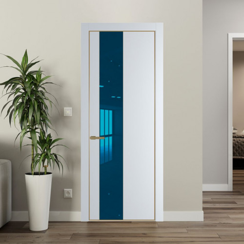 Межкомнатная дверь ProfilDoors 19 PE с вставкой из стекла зеркало blue Вайт с алюминиевой кромкой Золото