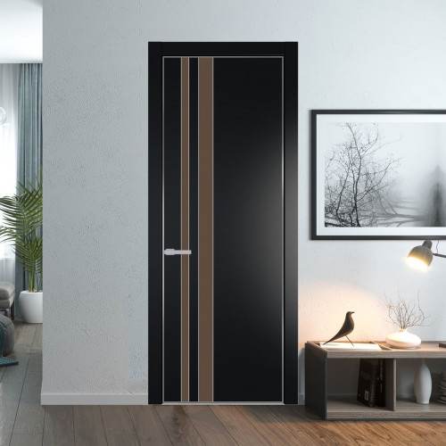 Межкомнатная дверь ProfilDoors 20 PE с вставкой из стекла монохром гляссе Блэк с алюминиевой кромкой Серебро