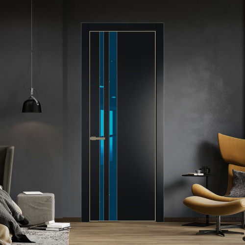 Межкомнатная дверь ProfilDoors 20 PE с вставкой из стекла зеркало blue Блэк с алюминиевой кромкой Шампань